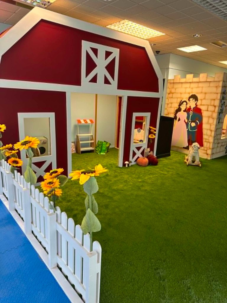 The red barn with sunflowers, a white picket fence and the castle next door.