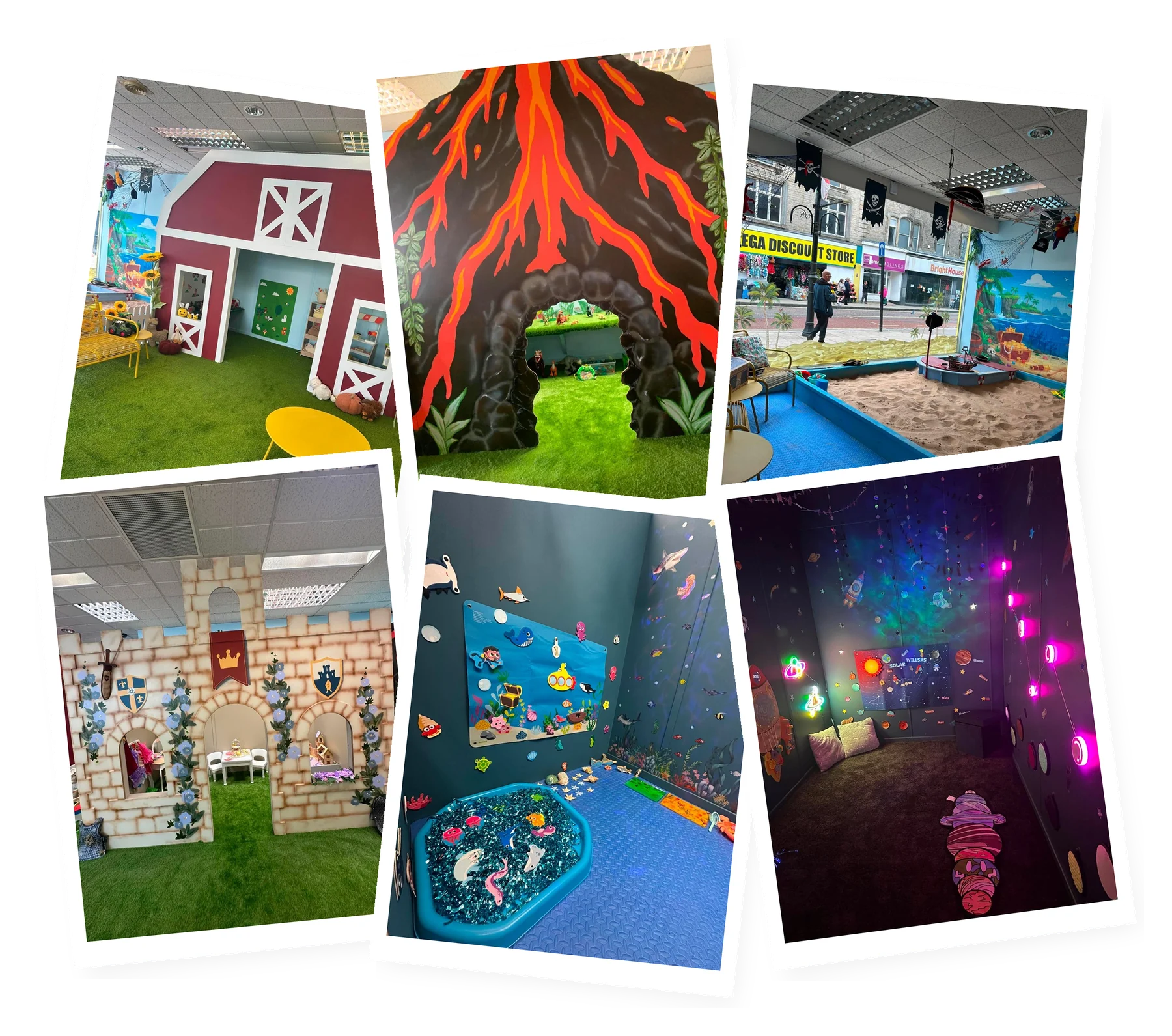 Six handmade rooms at Little Adventure Town: the farm barn, dinosaur volcano, the beach, the castle, under the sea, and sensory space.